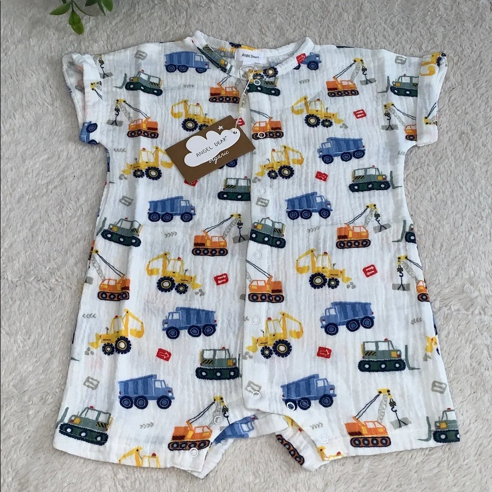NWT Angel Dear Construction Dolman Henley Shortall Romper Organic Cotton 18-24M